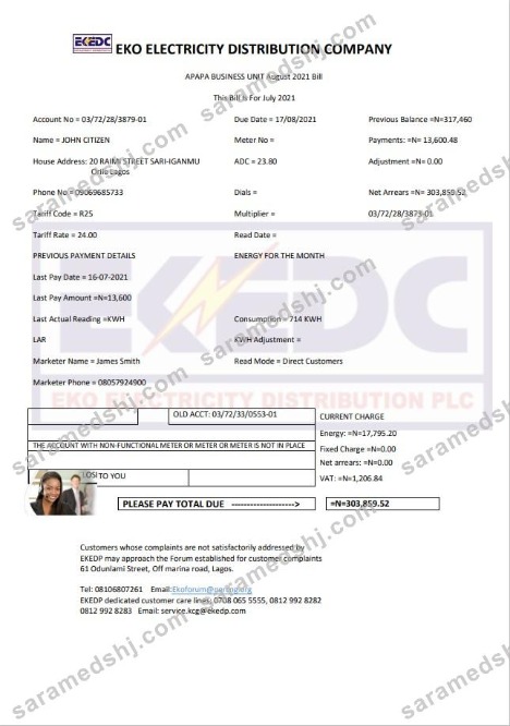 Nigeria Eko Electricity Distribution Company (EKEDC) utility bill template in Word and PDF format